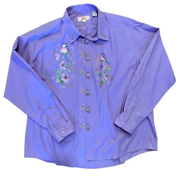 Vintage Glitter Bird Floral Blouse Purple 1X Removable Ornate Buttons Artsy - Picture 1 of 9